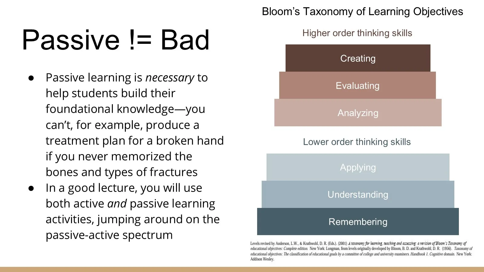 Slide titled “Passive != Bad,” explaining that foundational knowledge still requires direct instruction.