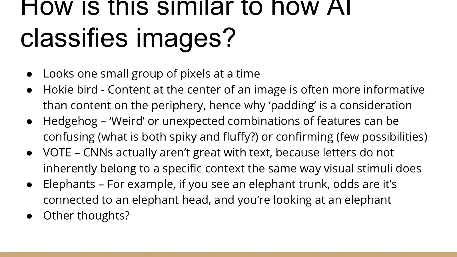 Slide connecting the activity to how AI classifies images, one small group of pixels at a time.