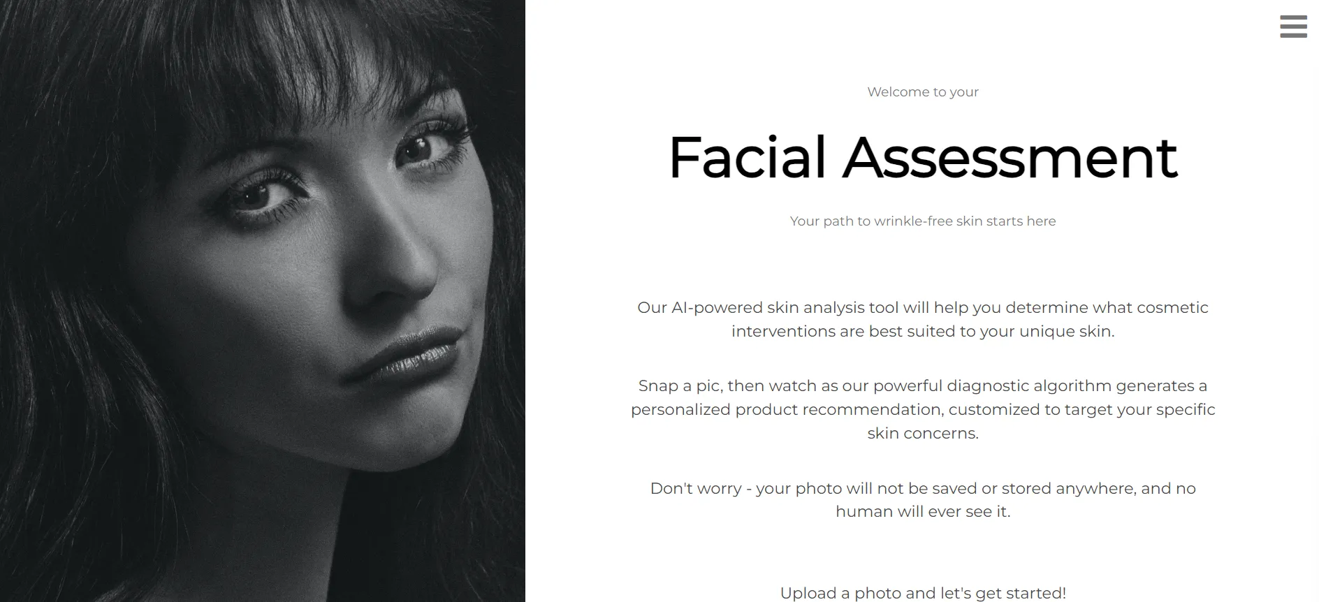 Landing screen of the research artifact, titled “Facial Assessment,” inviting participants to upload a photo for an AI-powered skin analysis and product recommendation.